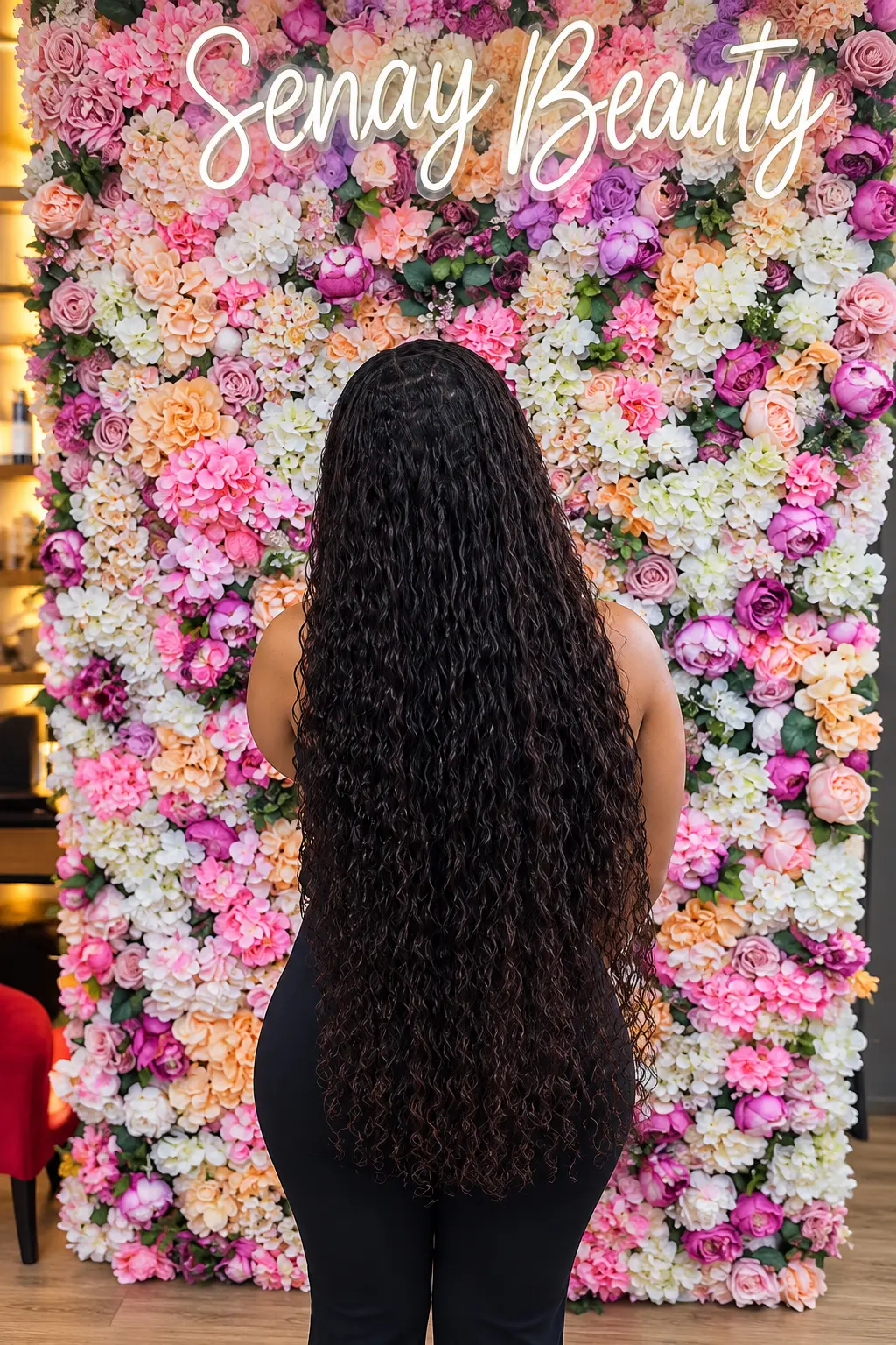Long curly hair in front of the Senayt Beauty flower wall
